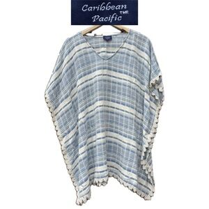 Caribbean Pacific Ladies Blue White Swim suit cover up Poncho Size Small/Medium